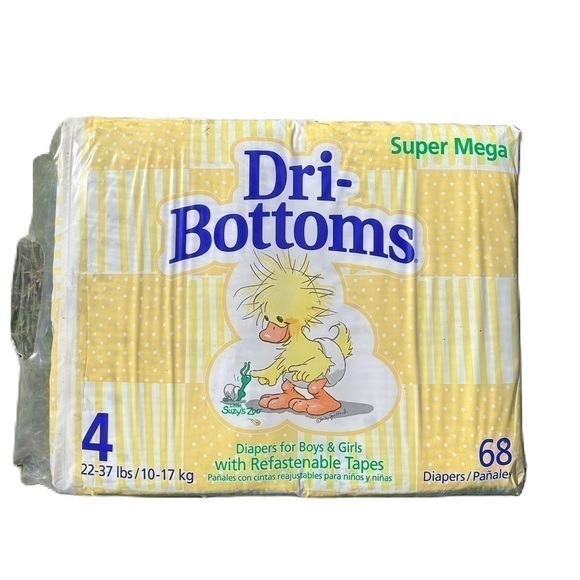 Vintage Dri Bottoms Diapers Suzy’s Zoo Sz 4 68 Count New Sealed Package Straps - Picture 1 of 3